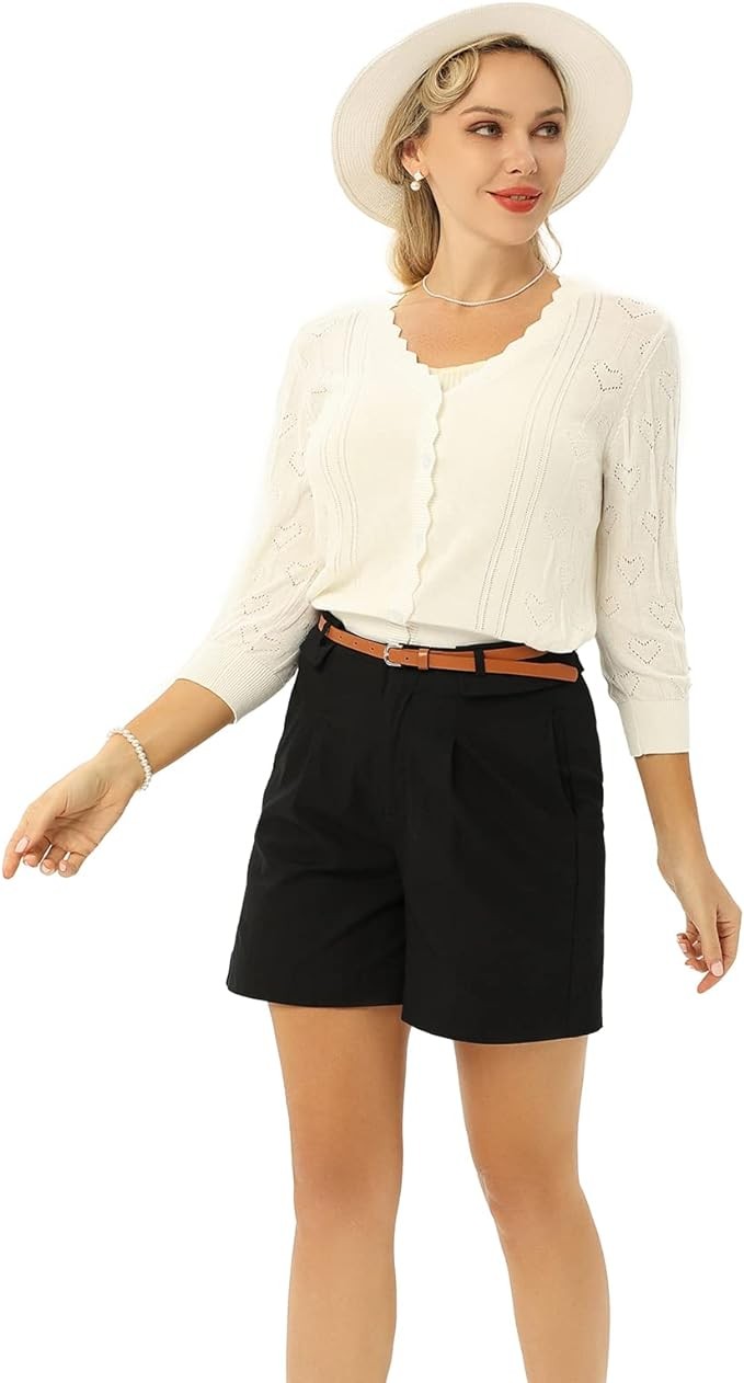 Belle Poque Bermuda Shorts for Women with Belt Pockets High Waisted Fold-Over Leg Opening Cotton Fabric Causal Summer Shorts