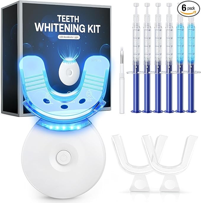 Teeth Whitening Kit, LED Teeth Whitening Light with 6 X 3ml Carbamide Peroxide Teeth Whitening Gel, Included 2 Mouth Trays & Tray Case and Brush, Safe Enamel, Fast and Gentle Teeth Whitening