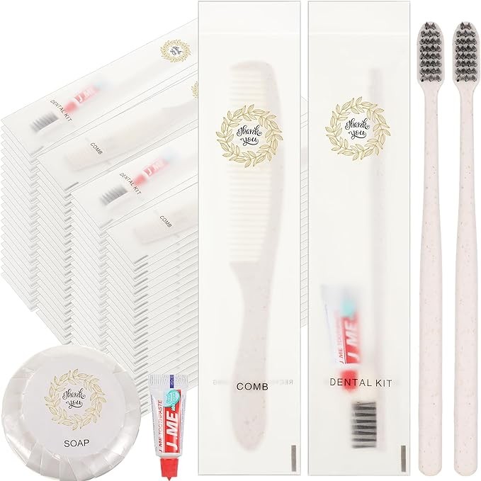 Hushee 200 Pcs Guest Toiletries Bulk, 100 Pcs Disposable Toothbrushes with Toothpaste, 50 Pcs Soap and 50 Pcs Comb, Individually Wrapped Toiletries for Travel, Guestroom(Thank You)